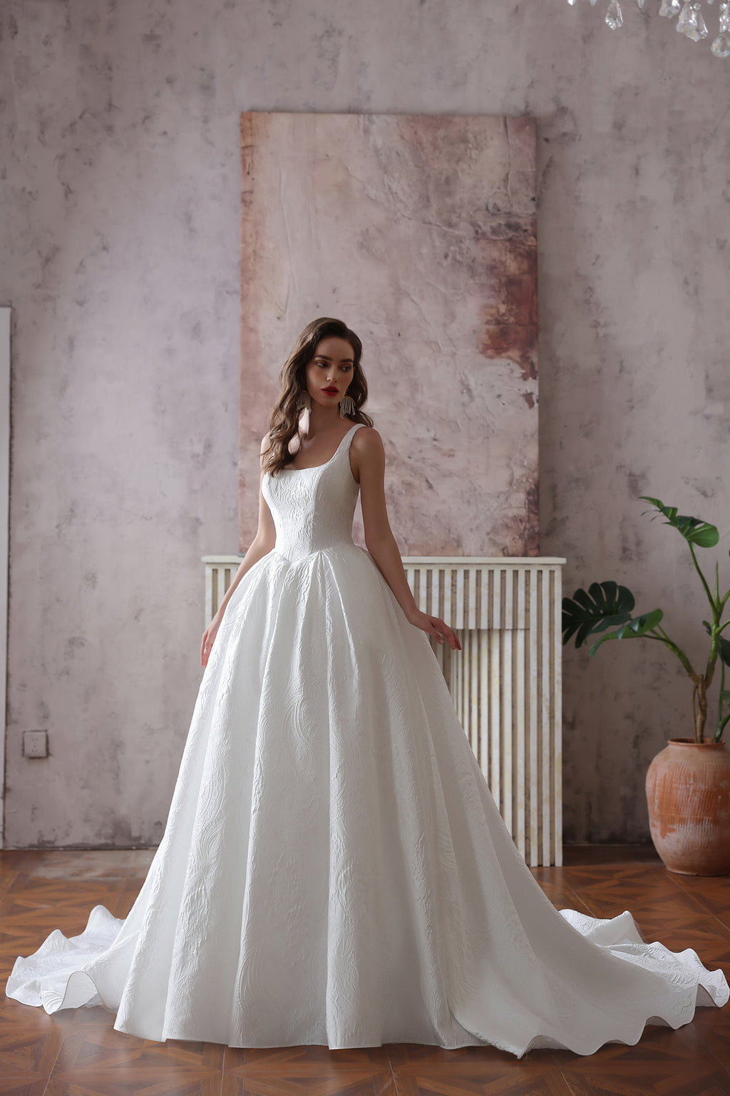 Luxurious Square Neck Wedding Dress with Floral Pleats & Covered Buttons - Lightweight Fabric