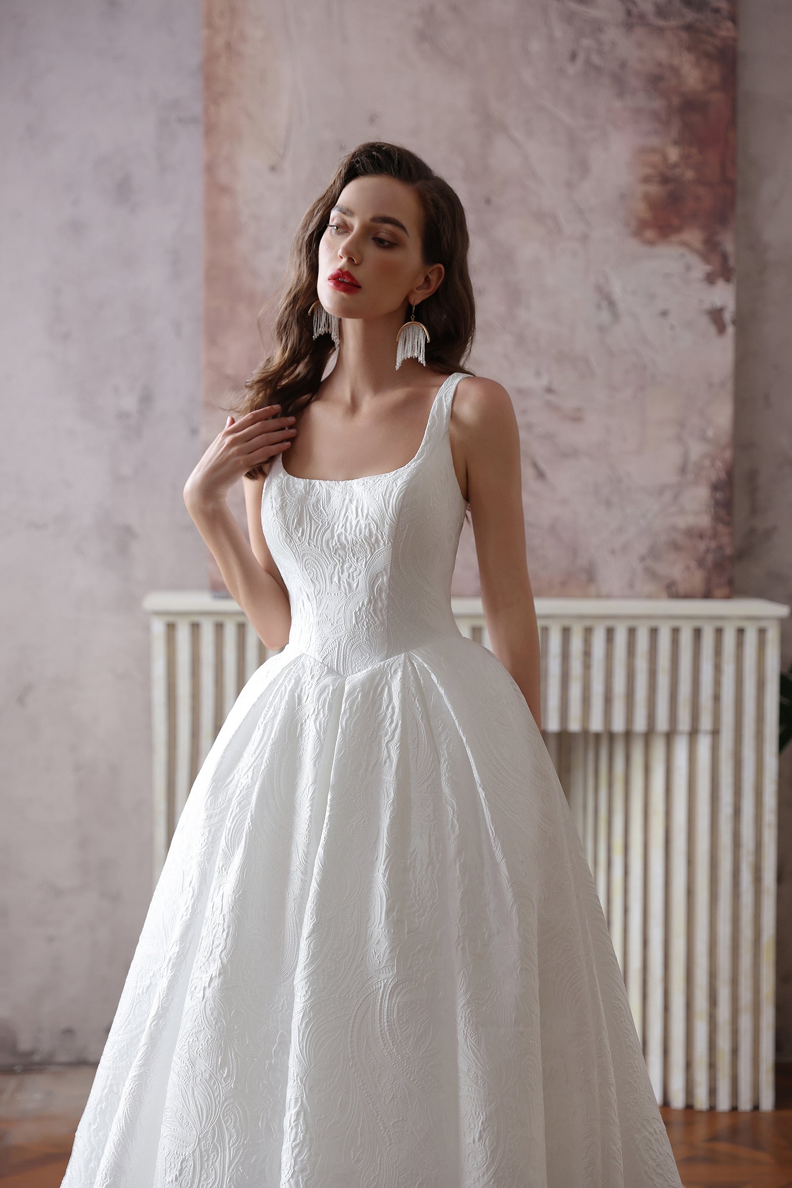 Luxurious Square Neck Wedding Dress with Floral Pleats & Covered Buttons - Lightweight Fabric