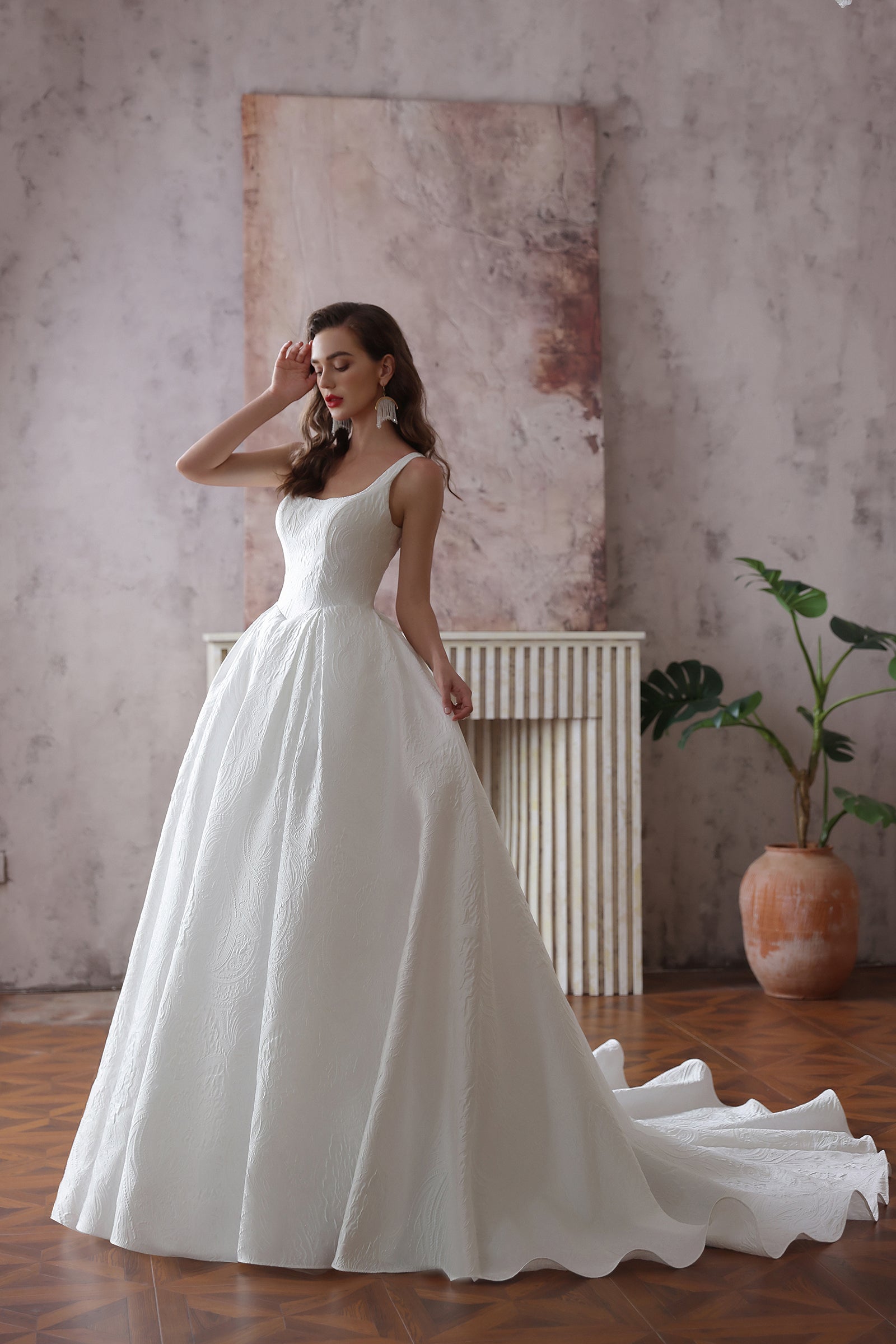 Luxurious Square Neck Wedding Dress with Floral Pleats & Covered Buttons - Lightweight Fabric
