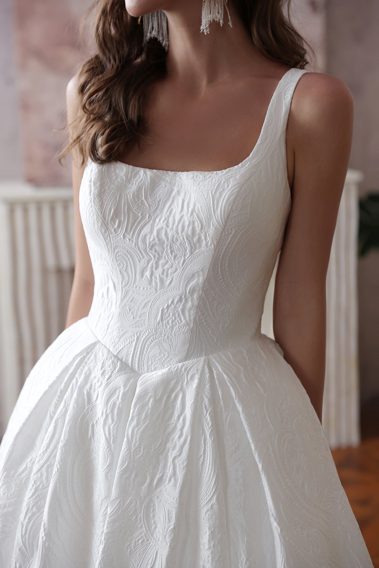 Luxurious Square Neck Wedding Dress with Floral Pleats & Covered Buttons - Lightweight Fabric