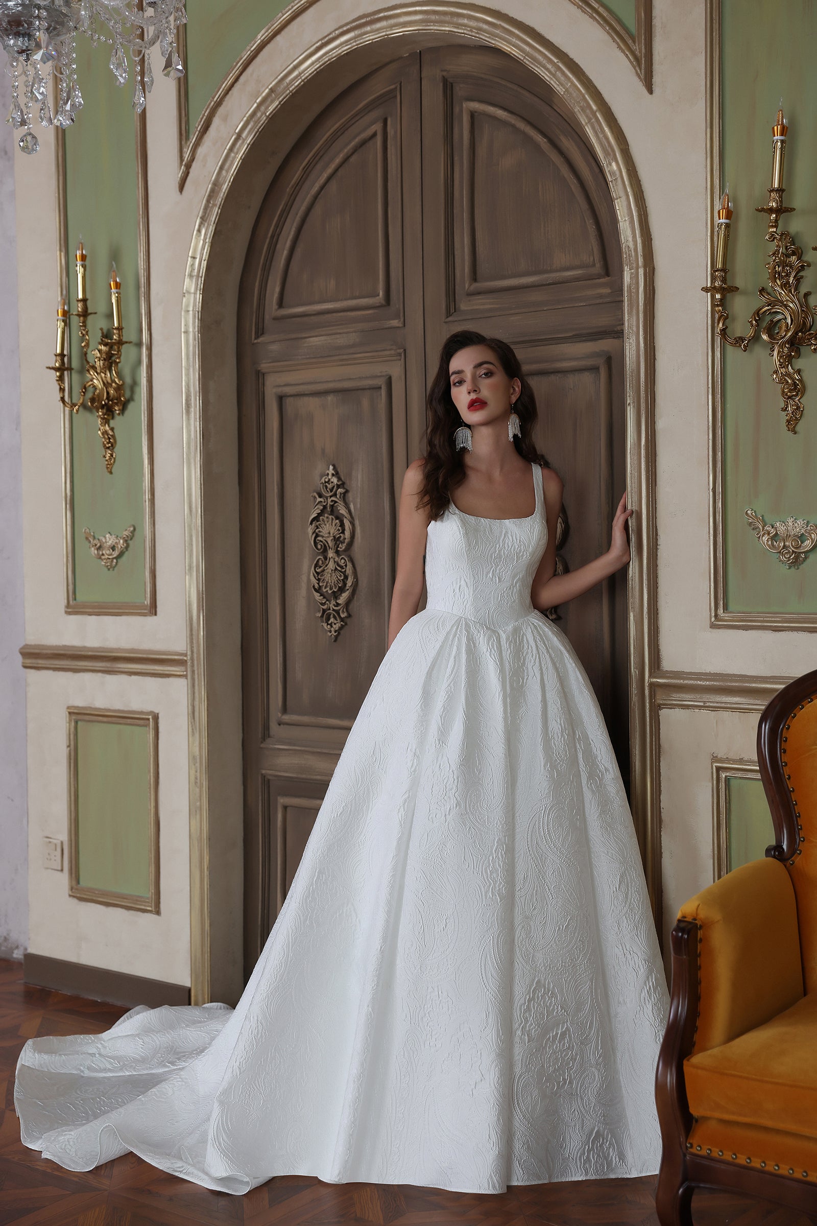 Luxurious Square Neck Wedding Dress with Floral Pleats & Covered Buttons - Lightweight Fabric