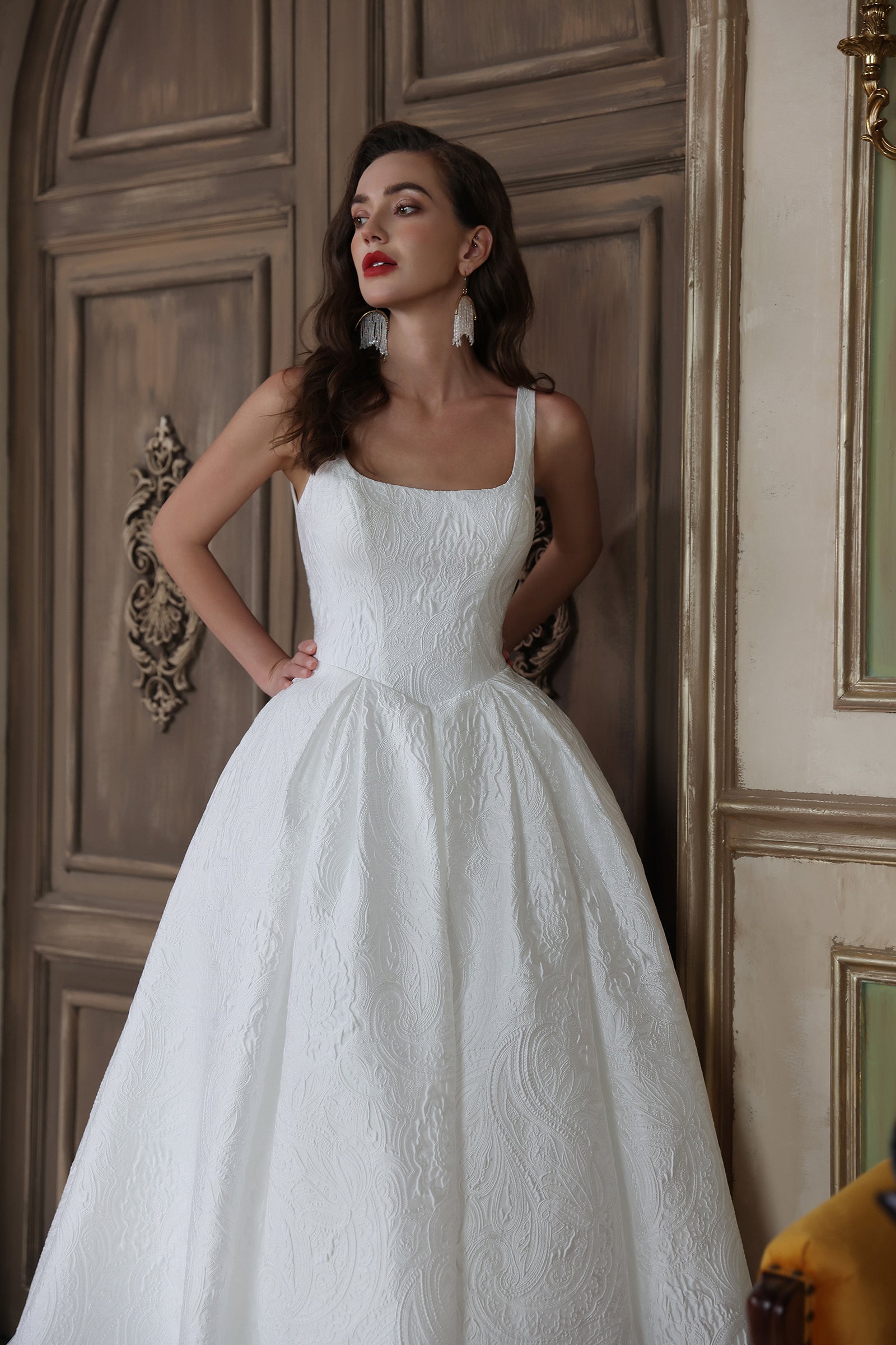 Luxurious Square Neck Wedding Dress with Floral Pleats & Covered Buttons - Lightweight Fabric