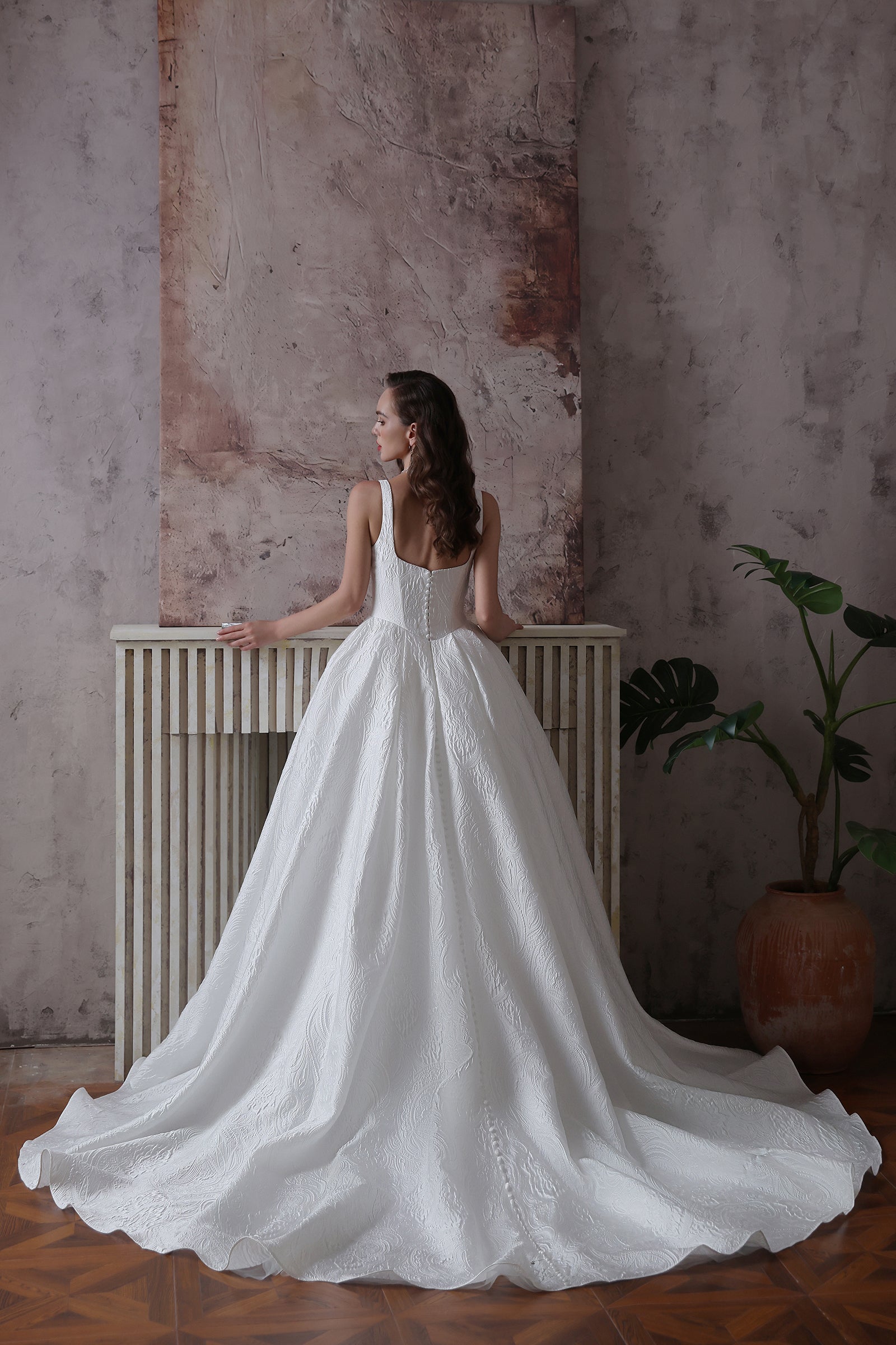 Luxurious Square Neck Wedding Dress with Floral Pleats & Covered Buttons - Lightweight Fabric