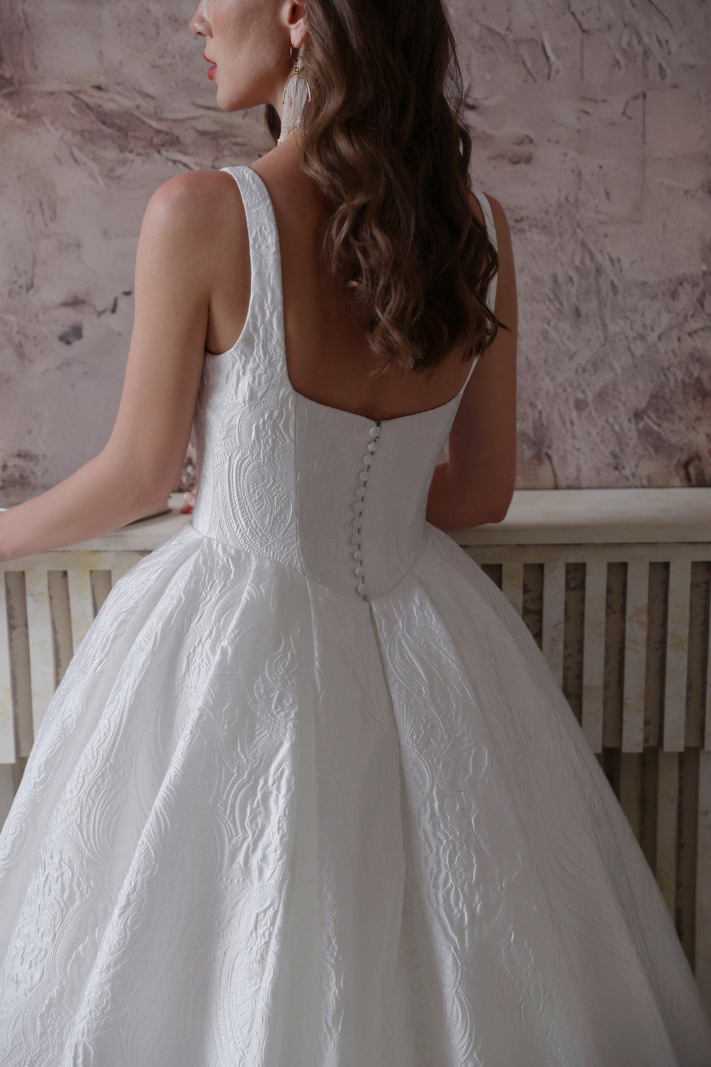 Luxurious Square Neck Wedding Dress with Floral Pleats & Covered Buttons - Lightweight Fabric