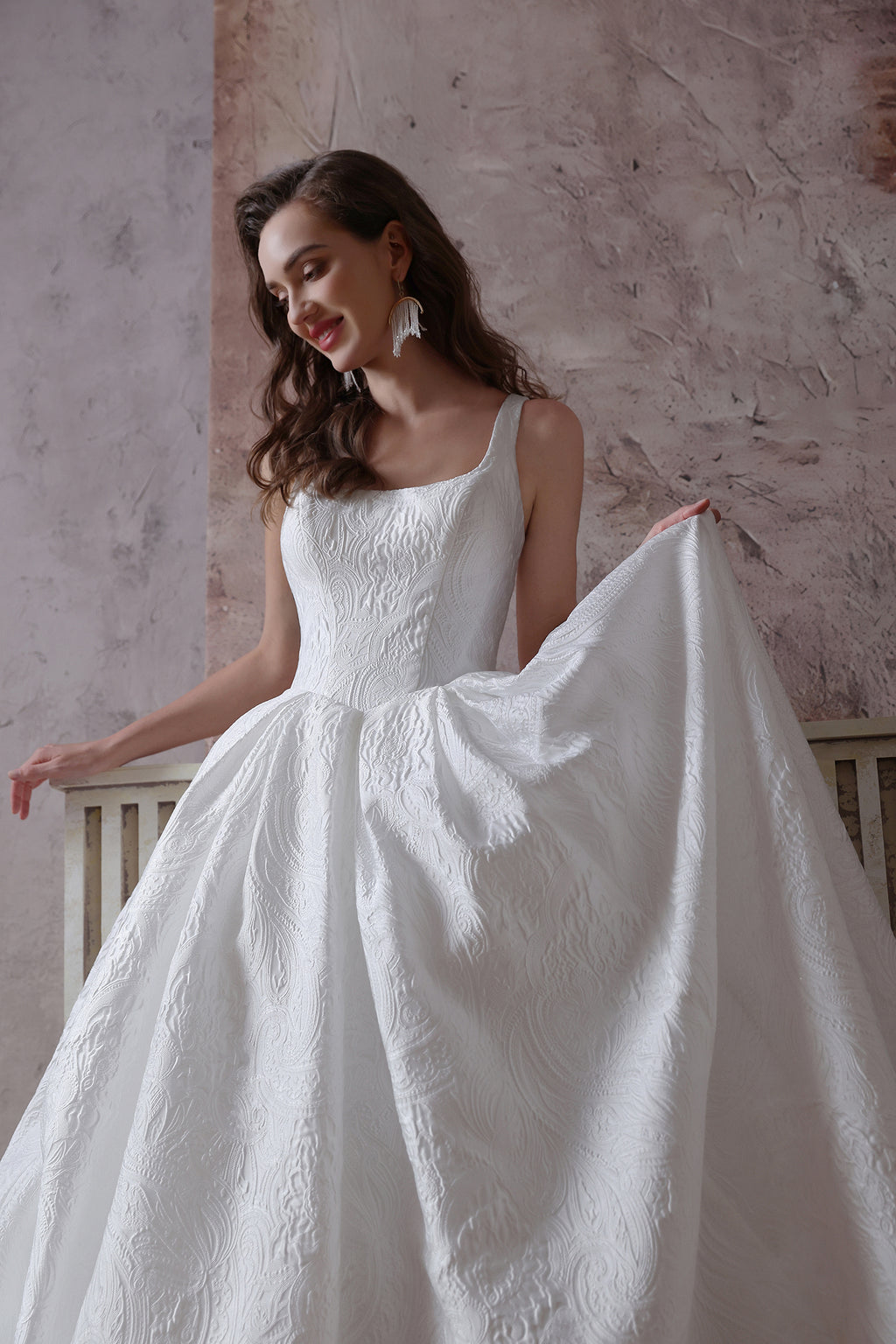 Luxurious Square Neck Wedding Dress with Floral Pleats & Covered Buttons - Lightweight Fabric