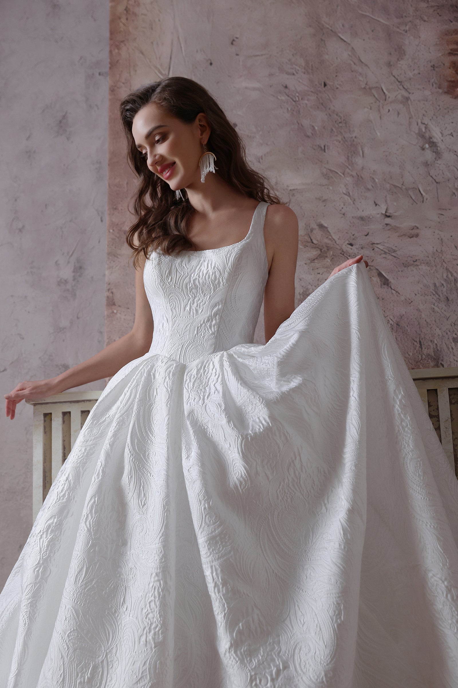 Luxurious Square Neck Wedding Dress with Floral Pleats & Covered Buttons - Lightweight Fabric