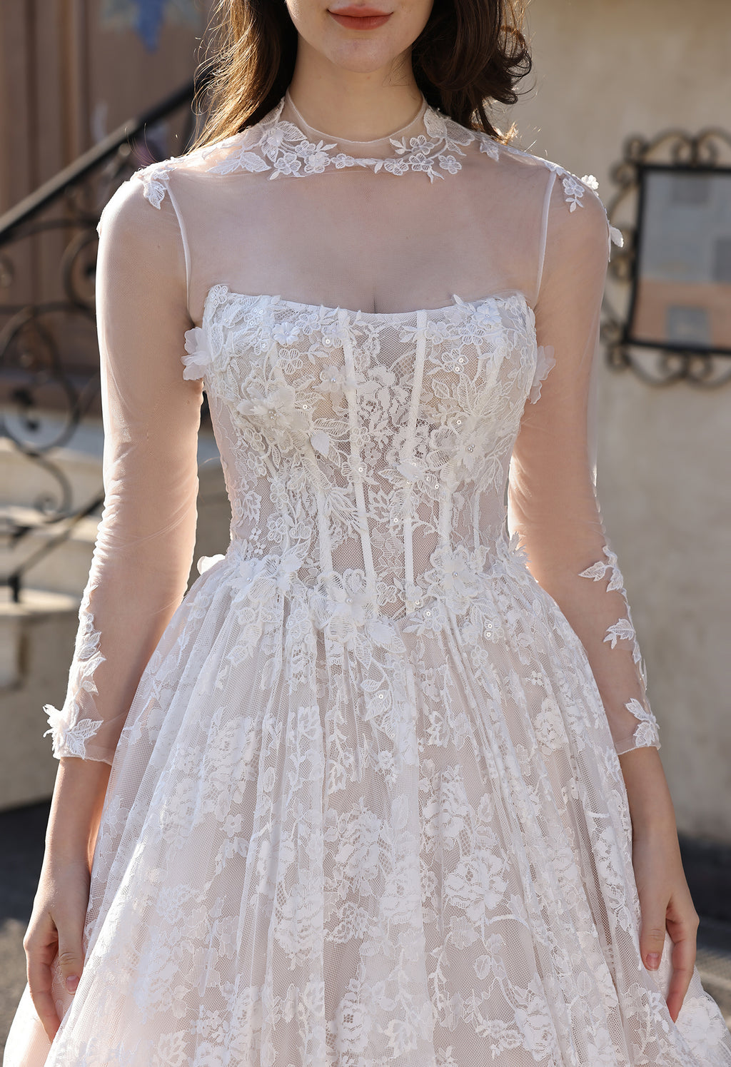 Cat Eye Neckline Lace Corset Ballgown with 3-D Flowers & Tulle Overlay, Ivory Champagne