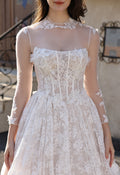 Cat Eye Neckline Lace Corset Ballgown with 3-D Flowers & Tulle Overlay, Ivory Champagne
