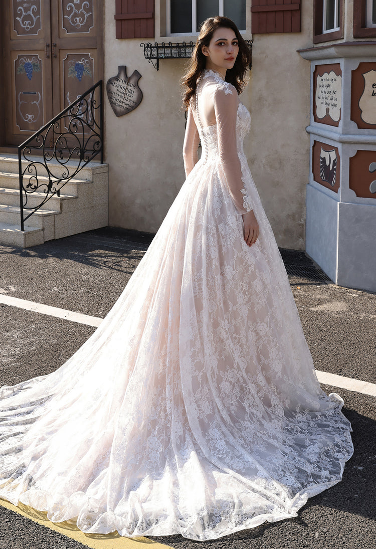 Cat Eye Neckline Lace Corset Ballgown with 3-D Flowers & Tulle Overlay, Ivory Champagne