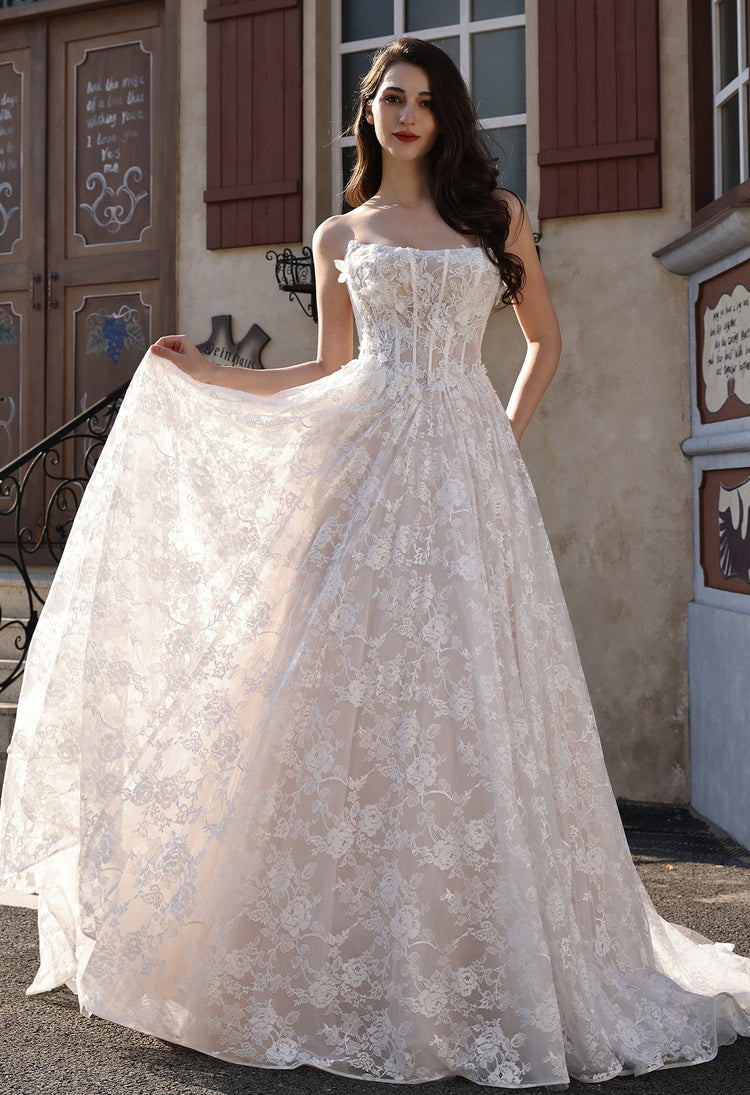 Cat Eye Neckline Lace Corset Ballgown with 3-D Flowers & Tulle Overlay, Ivory Champagne