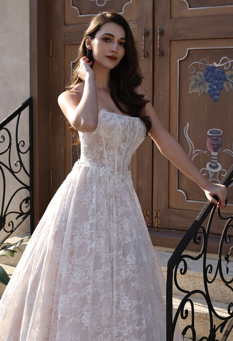 Cat Eye Neckline Lace Corset Ballgown with 3-D Flowers & Tulle Overlay, Ivory Champagne
