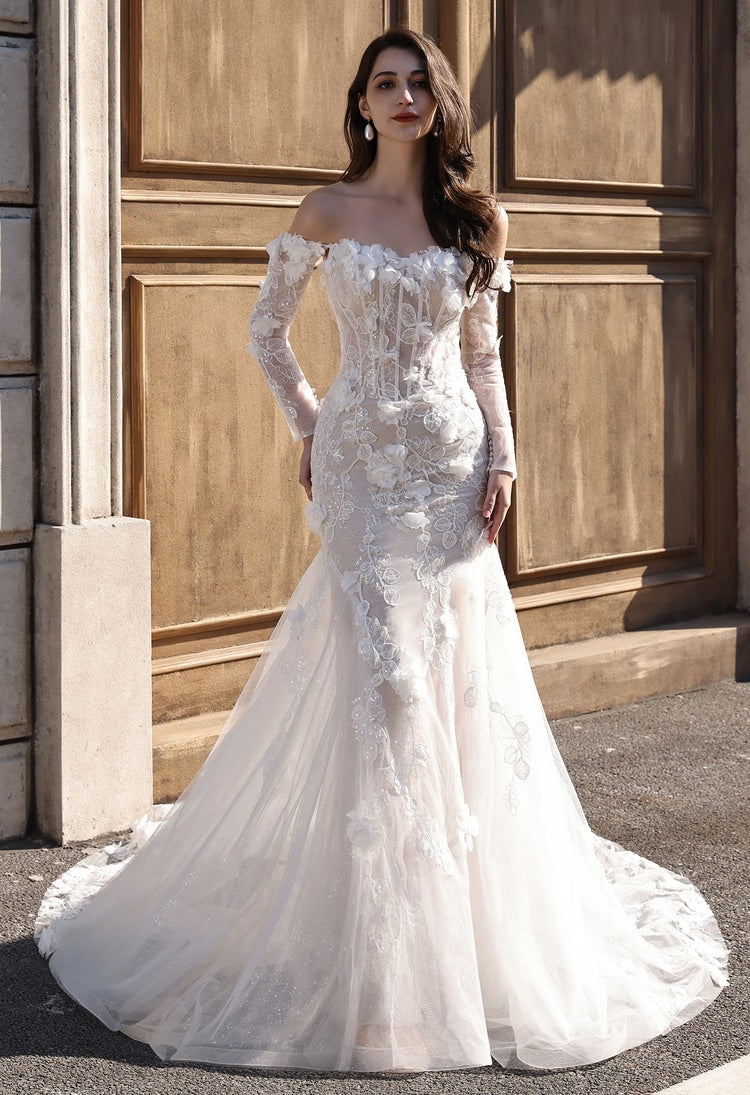 Model wearing ivory off-the-shoulder wedding dress with 3D flower lace and flowing mermaid train