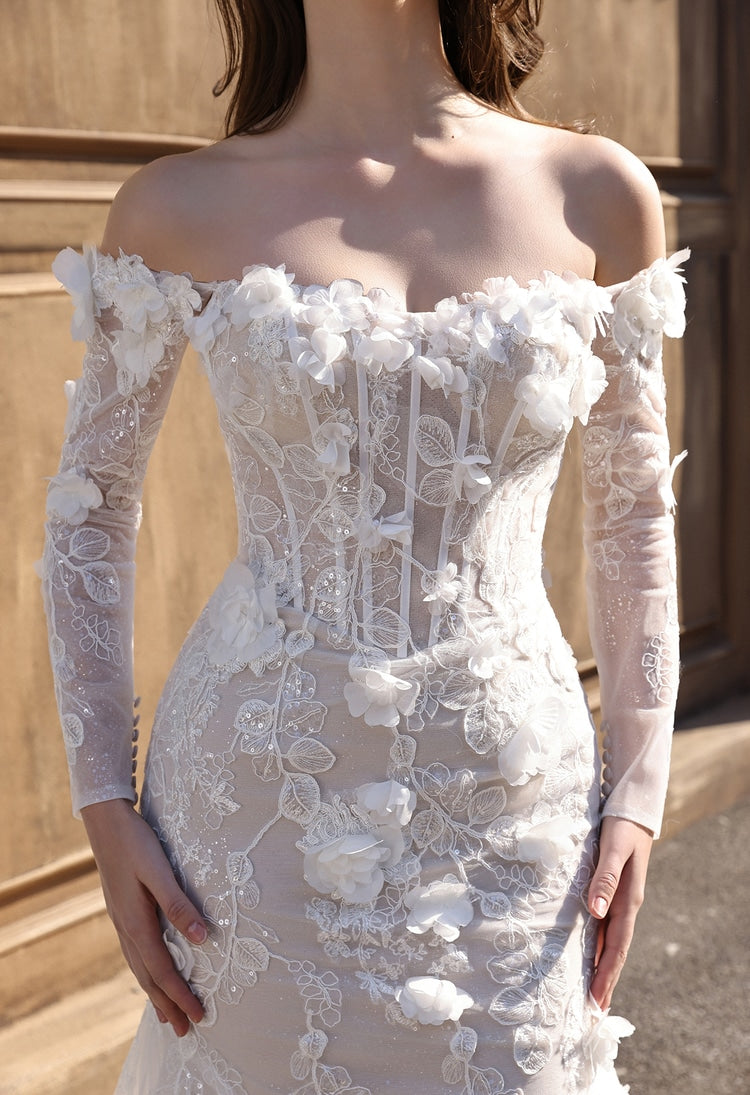 Off-shoulder bodice detail with ivory 3D floral lace and long sleeves – Art Kollocsion Auckland
