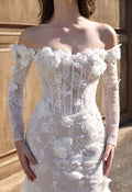 Off-shoulder bodice detail with ivory 3D floral lace and long sleeves – Art Kollocsion Auckland