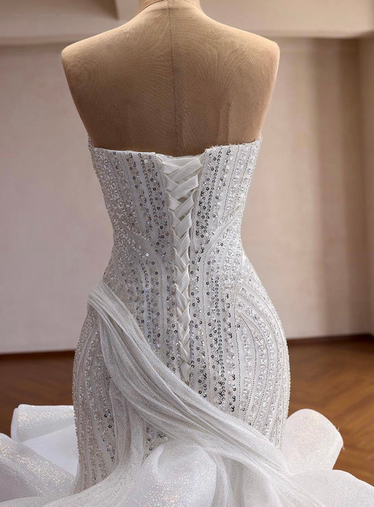 Mermaid Wedding Dress | Beaded Corset Gown, Organza Ruffle Train, Custom Bridal