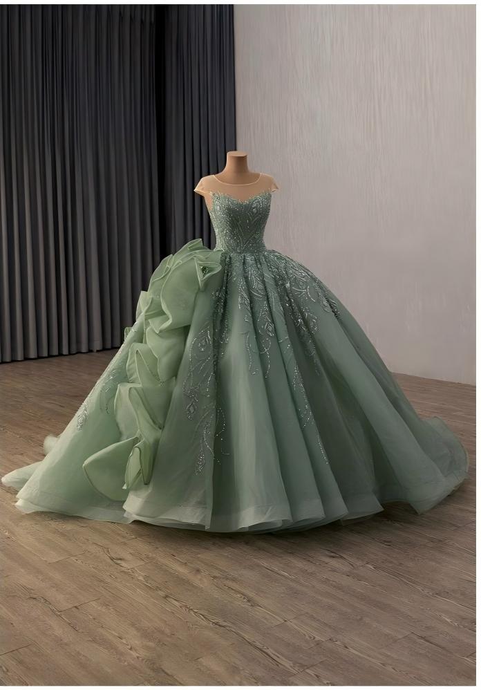 Green Corset Ballgown, Luxury Cinderella Wedding Dress, Rhinestones Embroidery,