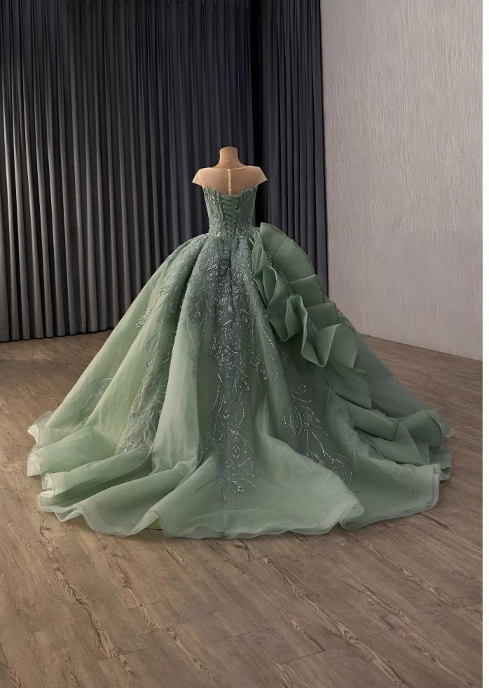 Green Corset Ballgown, Luxury Cinderella Wedding Dress, Rhinestones Embroidery,