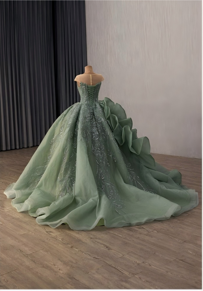 Green Corset Ballgown, Luxury Cinderella Wedding Dress, Rhinestones Embroidery,