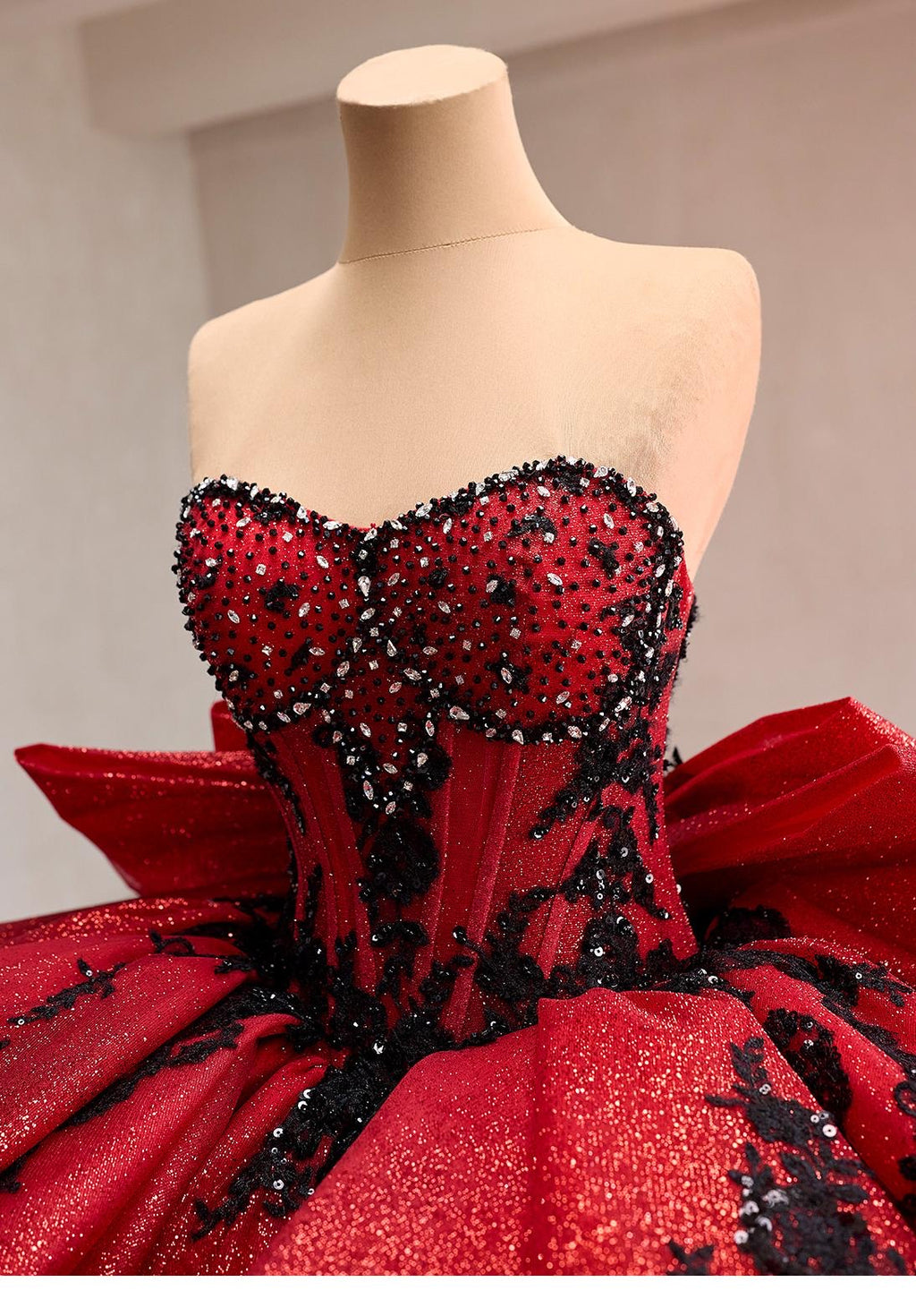 Red Glitter Ball Gown with Black Lace | Corset Sweetheart Wedding & Prom Dress