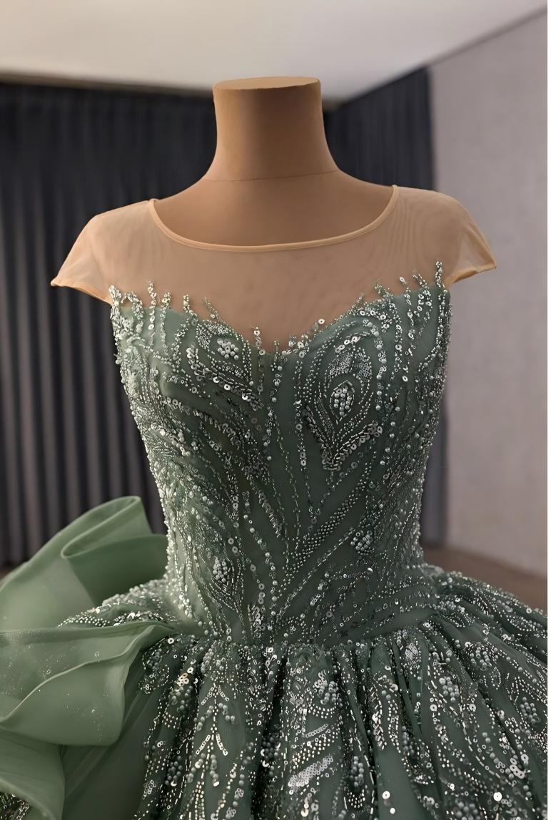 Green Corset Ballgown, Luxury Cinderella Wedding Dress, Rhinestones Embroidery,