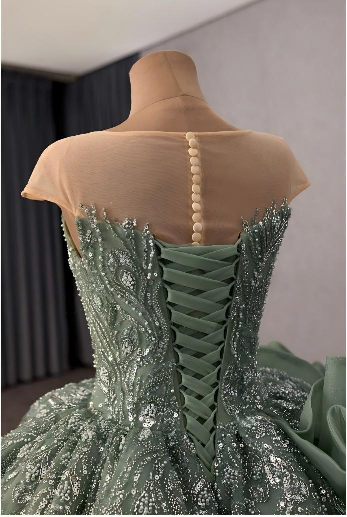 Green Corset Ballgown, Luxury Cinderella Wedding Dress, Rhinestones Embroidery,