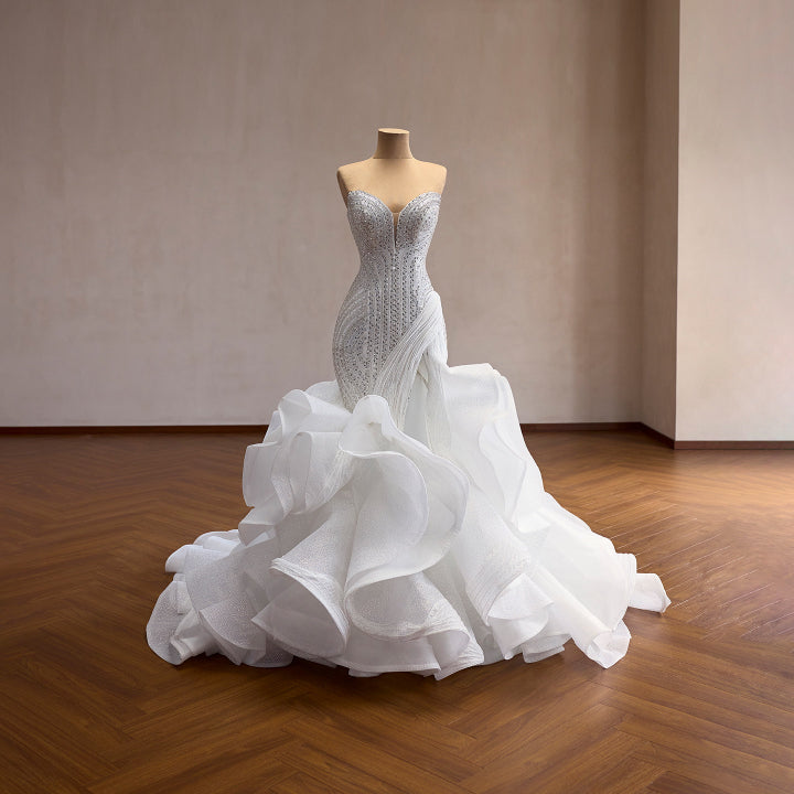 Mermaid Wedding Dress | Beaded Corset Gown, Organza Ruffle Train, Custom Bridal