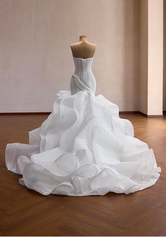 Mermaid Wedding Dress | Beaded Corset Gown, Organza Ruffle Train, Custom Bridal
