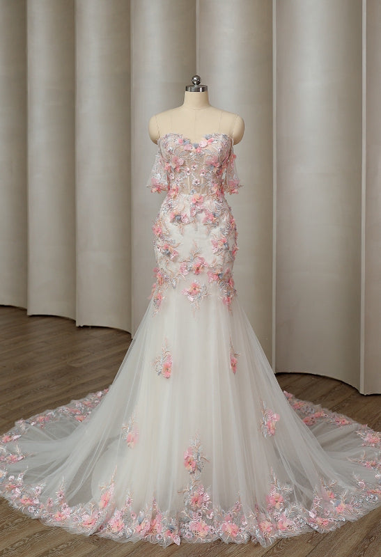 Colourful Floral Wedding dress Mermaid Coloured Cathedral  Embroidery With Petal Train, Non traditional Gown