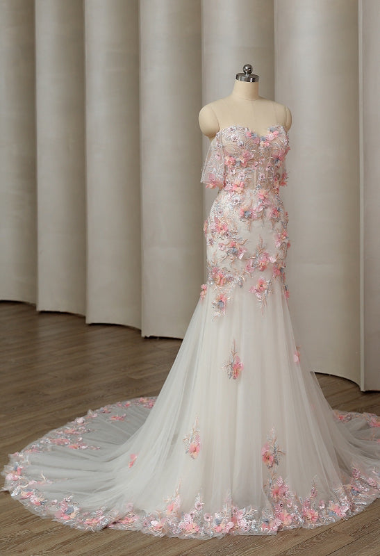 Colourful Floral Wedding dress Mermaid Coloured Cathedral  Embroidery With Petal Train, Non traditional Gown
