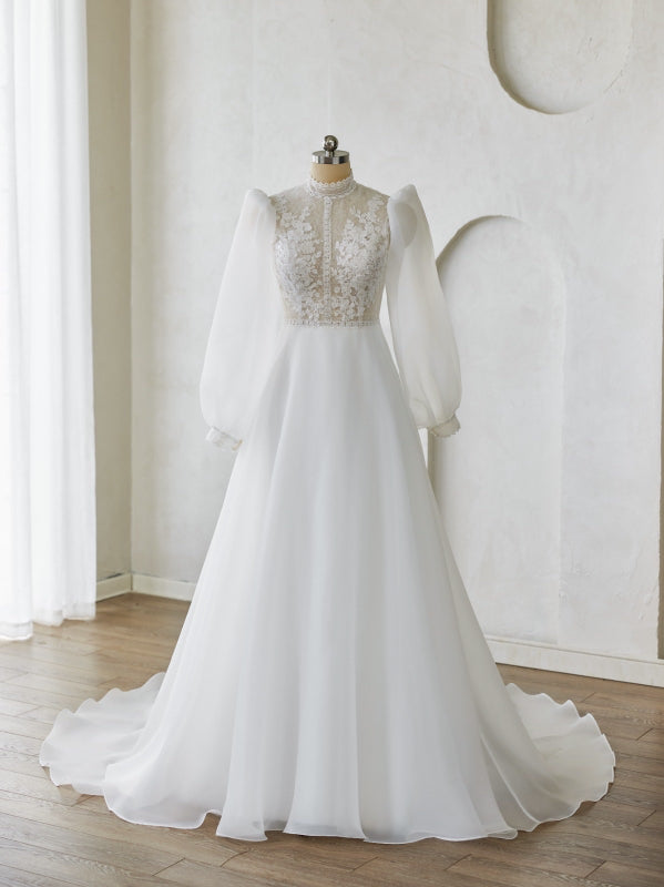 High-Neck Lace Wedding Dress with Chiffon Skirt & Puff Sleeves