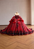 Red Glitter Ball Gown with Black Lace | Corset Sweetheart Wedding & Prom Dress