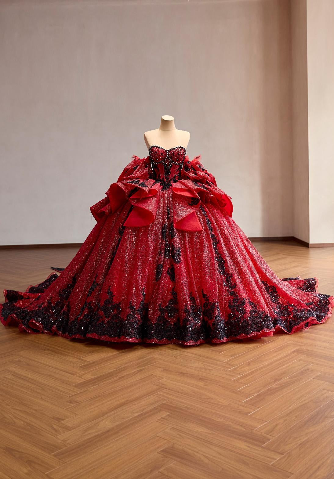 Red Glitter Ball Gown with Black Lace | Corset Sweetheart Wedding & Prom Dress
