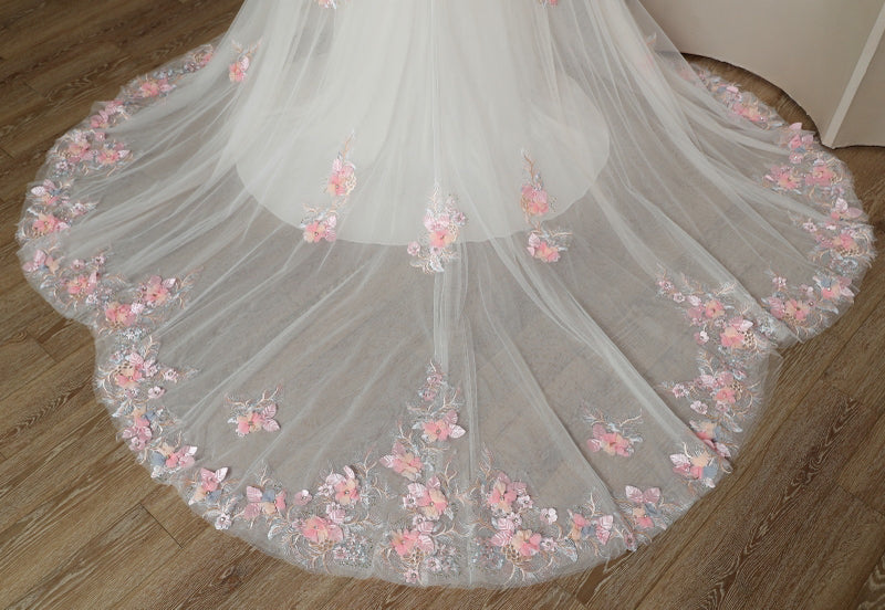 Colourful Floral Wedding dress Mermaid Coloured Cathedral  Embroidery With Petal Train, Non traditional Gown