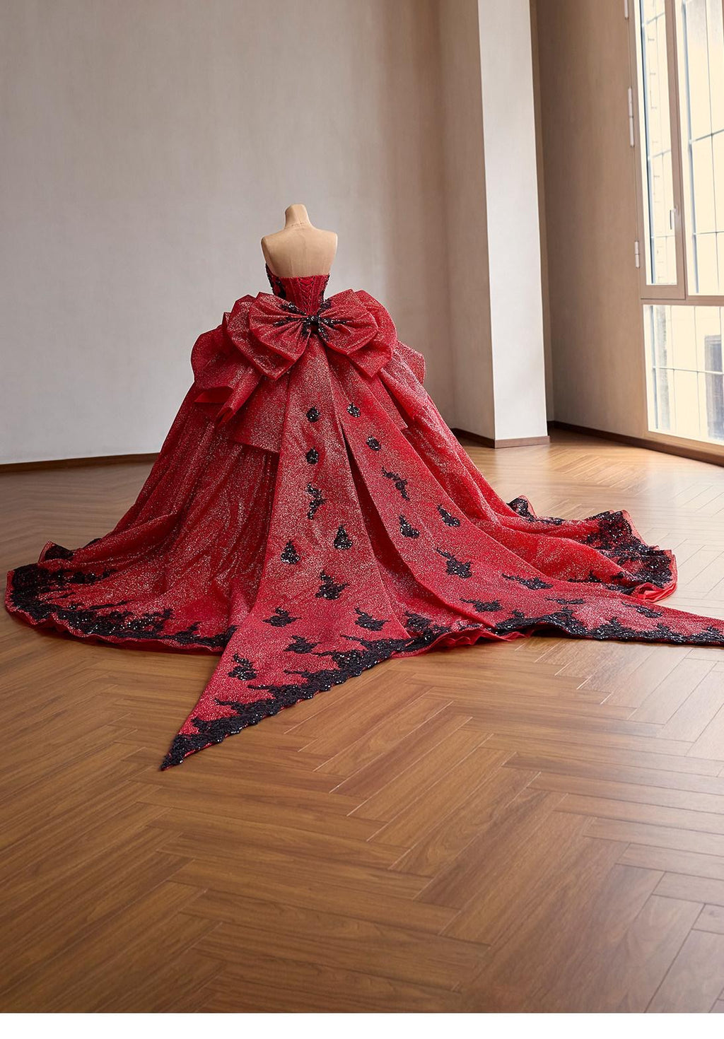 Red Glitter Ball Gown with Black Lace | Corset Sweetheart Wedding & Prom Dress