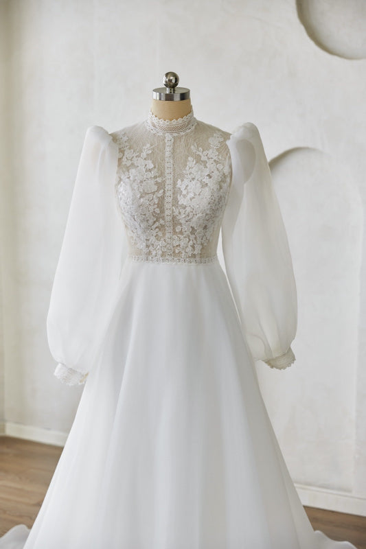 High-Neck Lace Wedding Dress with Chiffon Skirt & Puff Sleeves