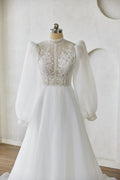 High-Neck Lace Wedding Dress with Chiffon Skirt & Puff Sleeves
