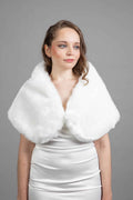 White faux fur wrap draped over shoulders – Art Kollocsion Auckland