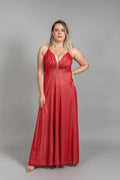 Red glittery evening gown with deep V-neckline and flowing A-line skirt – Art Kollocsion Auckland
