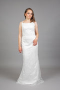 White beaded reception wedding dress with leaf embellishments, square neckline, front view – Art Kollocsion Auckland