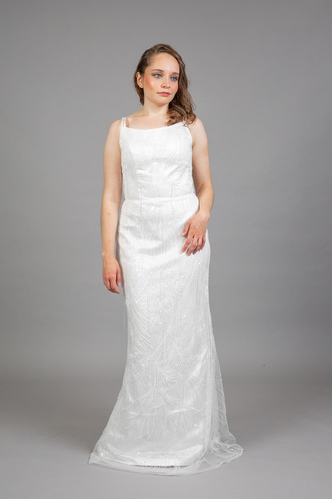 White beaded reception wedding dress with leaf embellishments, square neckline, front view – Art Kollocsion Auckland