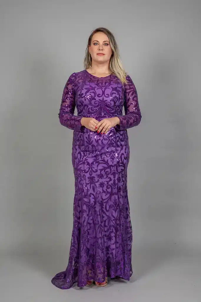 Purple sequin embroidered trumpet gown with ornate pattern, long sleeves, and court train