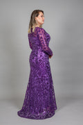 Purple sequin embroidered trumpet gown with ornate pattern and long sleeves, back view – Art Kollocsion Auckland