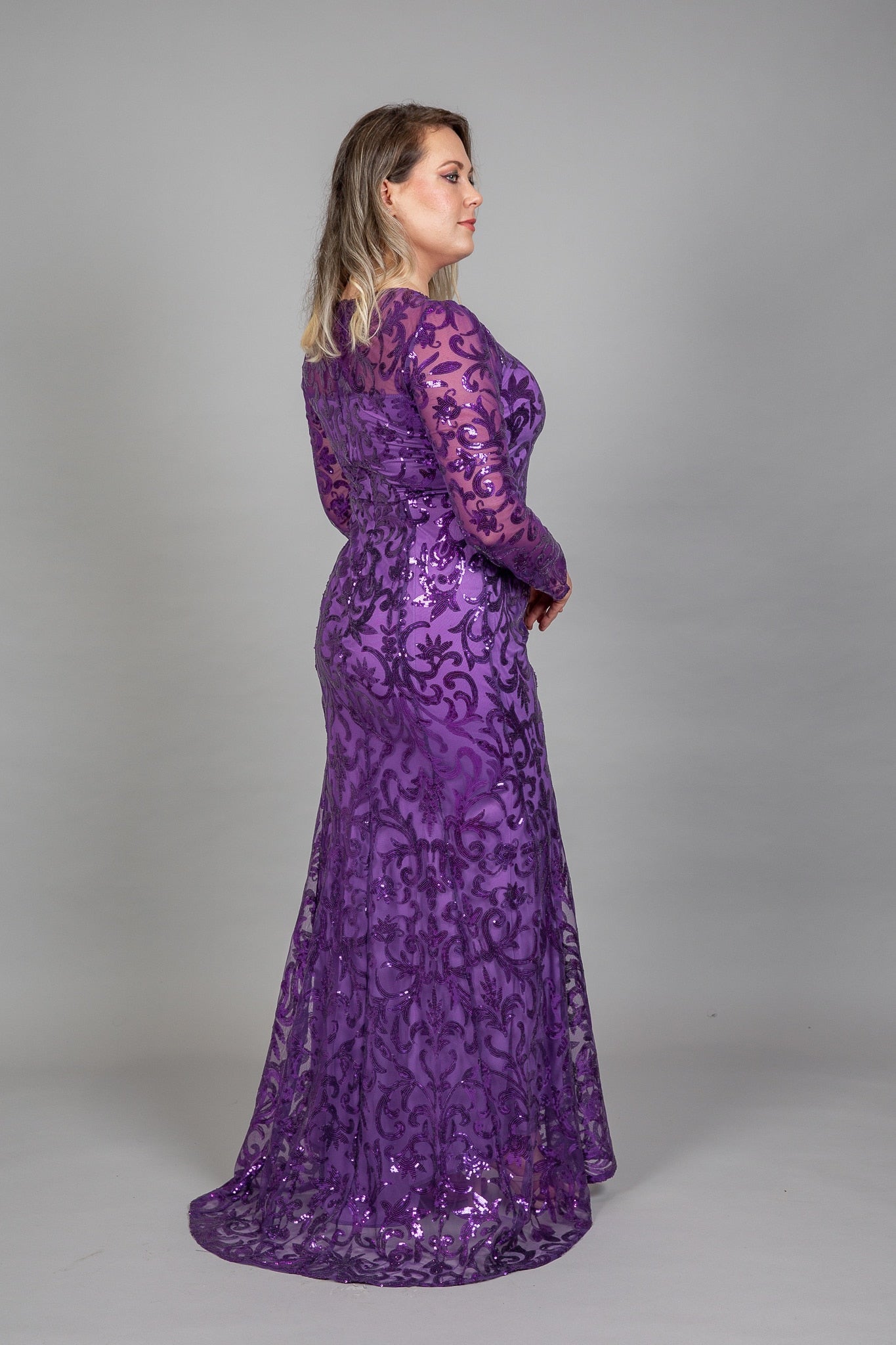 Purple sequin embroidered trumpet gown with ornate pattern and long sleeves, back view – Art Kollocsion Auckland