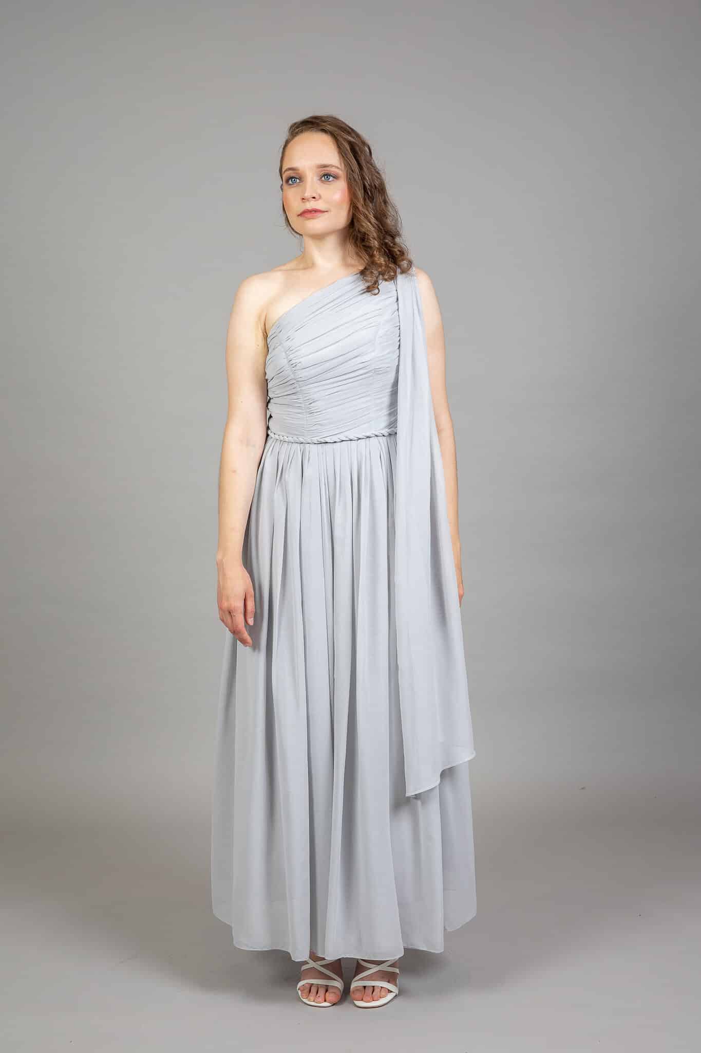 Grey one-shoulder chiffon bridesmaids dress with ruched bodice and shoulder drape, front view – Art Kollocsion Auckland