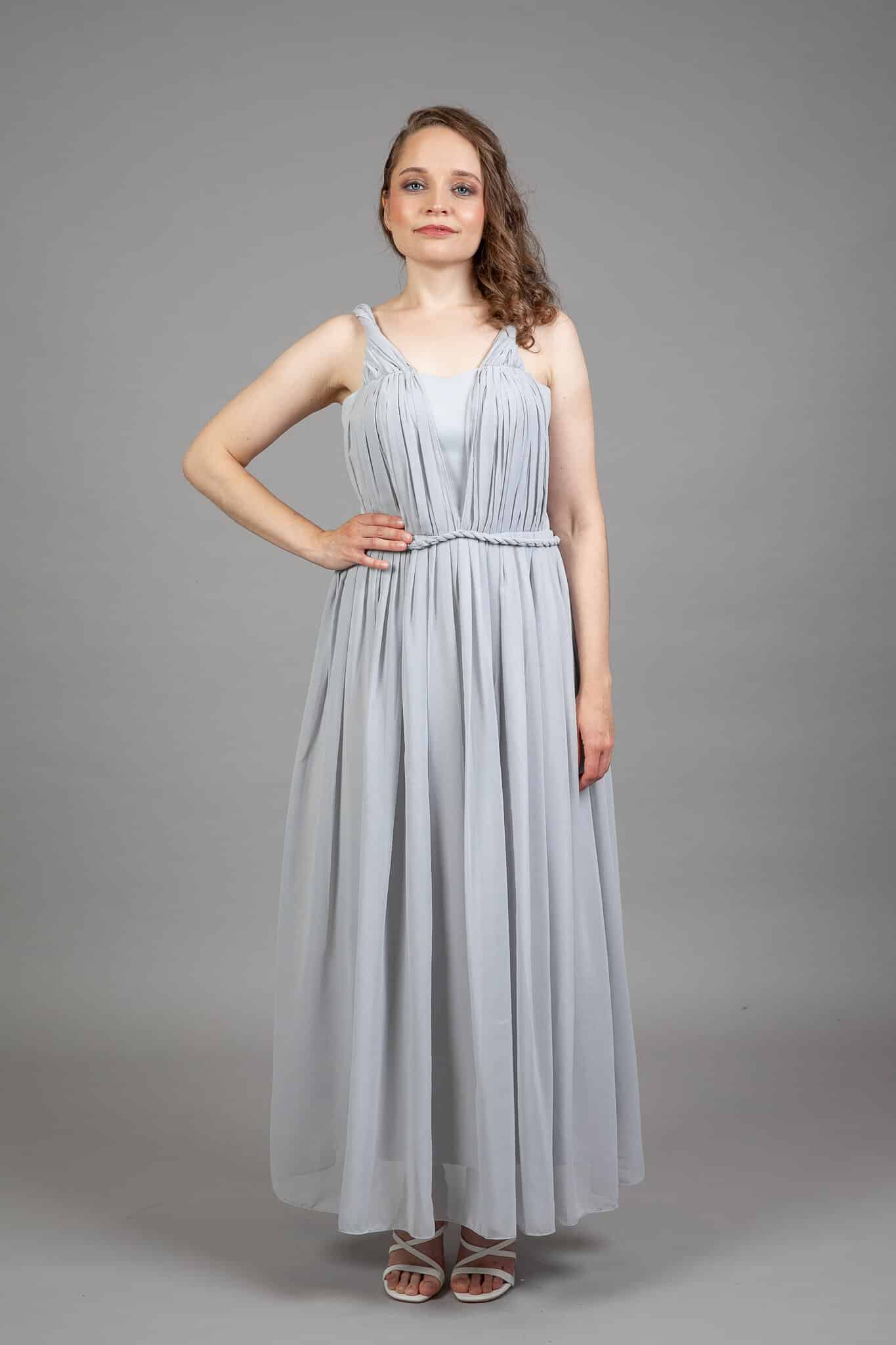 Light grey chiffon dress with pleated V-front bodice, braided rope waist and gathered maxi skirt, front view