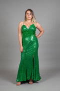Emerald green sequined dress with plunge sweetheart neckline, front view – Art Kollocsion Auckland