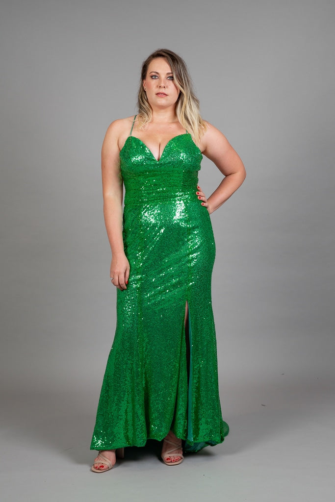 Emerald green sequined dress with plunge sweetheart neckline, front view – Art Kollocsion Auckland