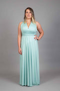 Mint green Classic Multiway Infinity Dress in halter V-neck wrap style with crossed waist ties, front view