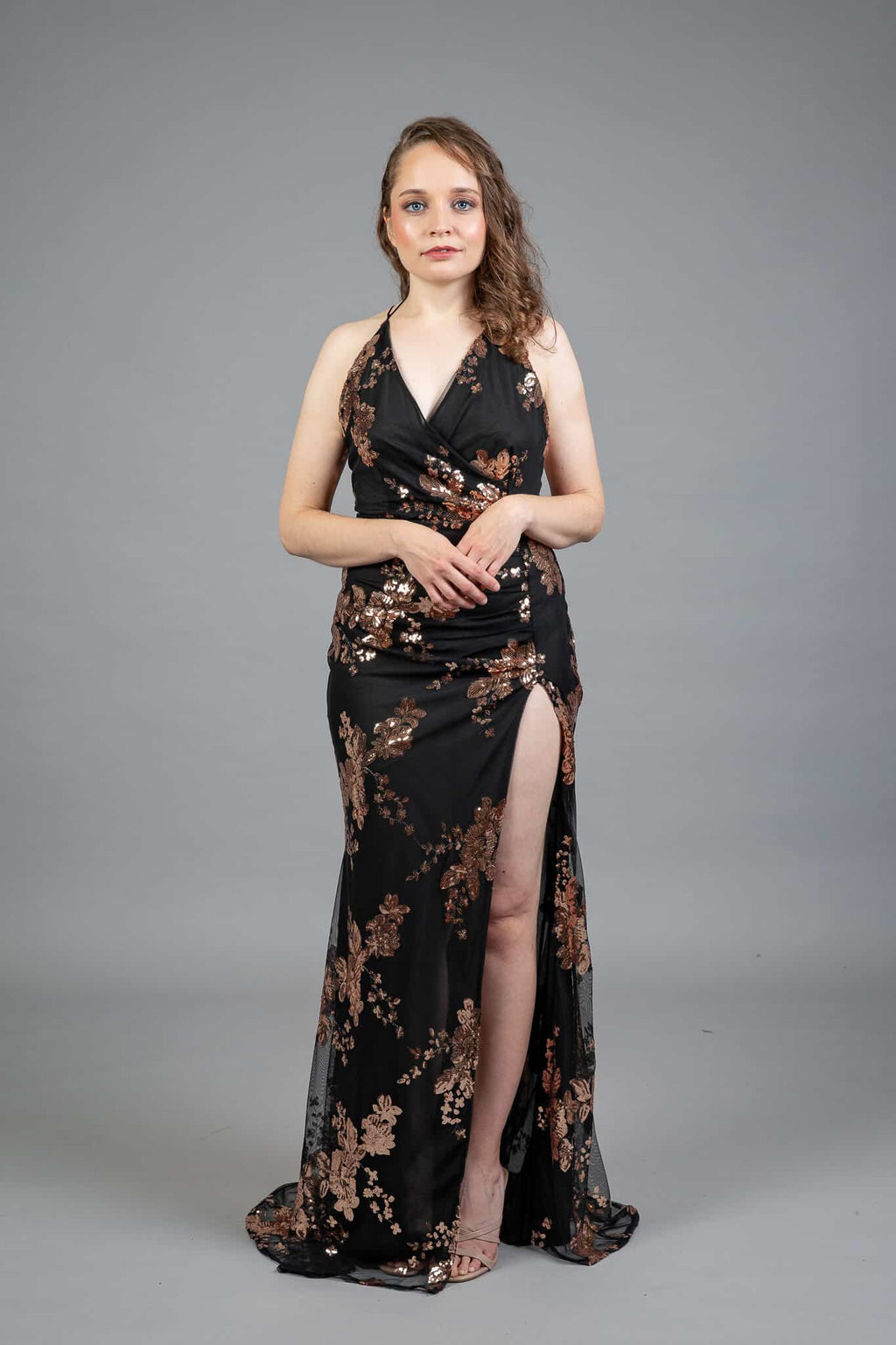 Black halter dress with copper floral embroidery and sequins, V-neckline, high slit – Art Kollocsion