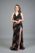 Black halter dress with copper floral embroidery and sequins, V-neckline, high slit – Art Kollocsion